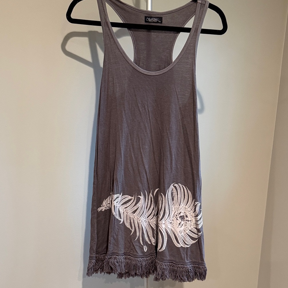 Lauren Moshi Gray Tank Top with Fringe and White Design Size XS